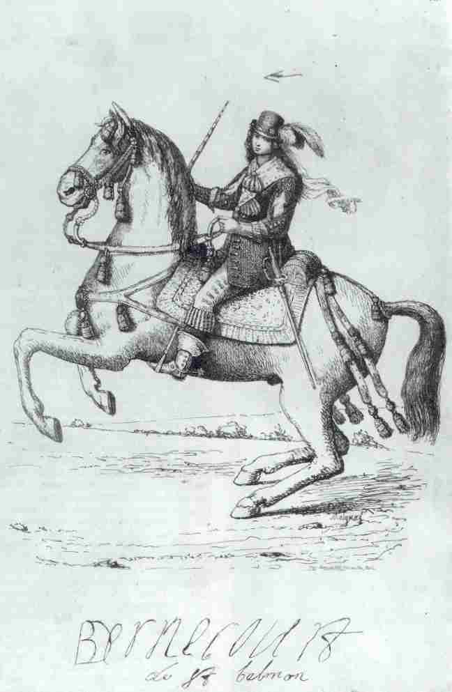Portrait équestre de Barbe d’Ernecourt avec reproduction de sa signature.