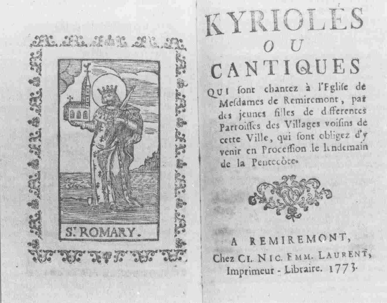 Frontispice des Kyriolés, imprimé à Remiremont par C.N.E. Laurent.