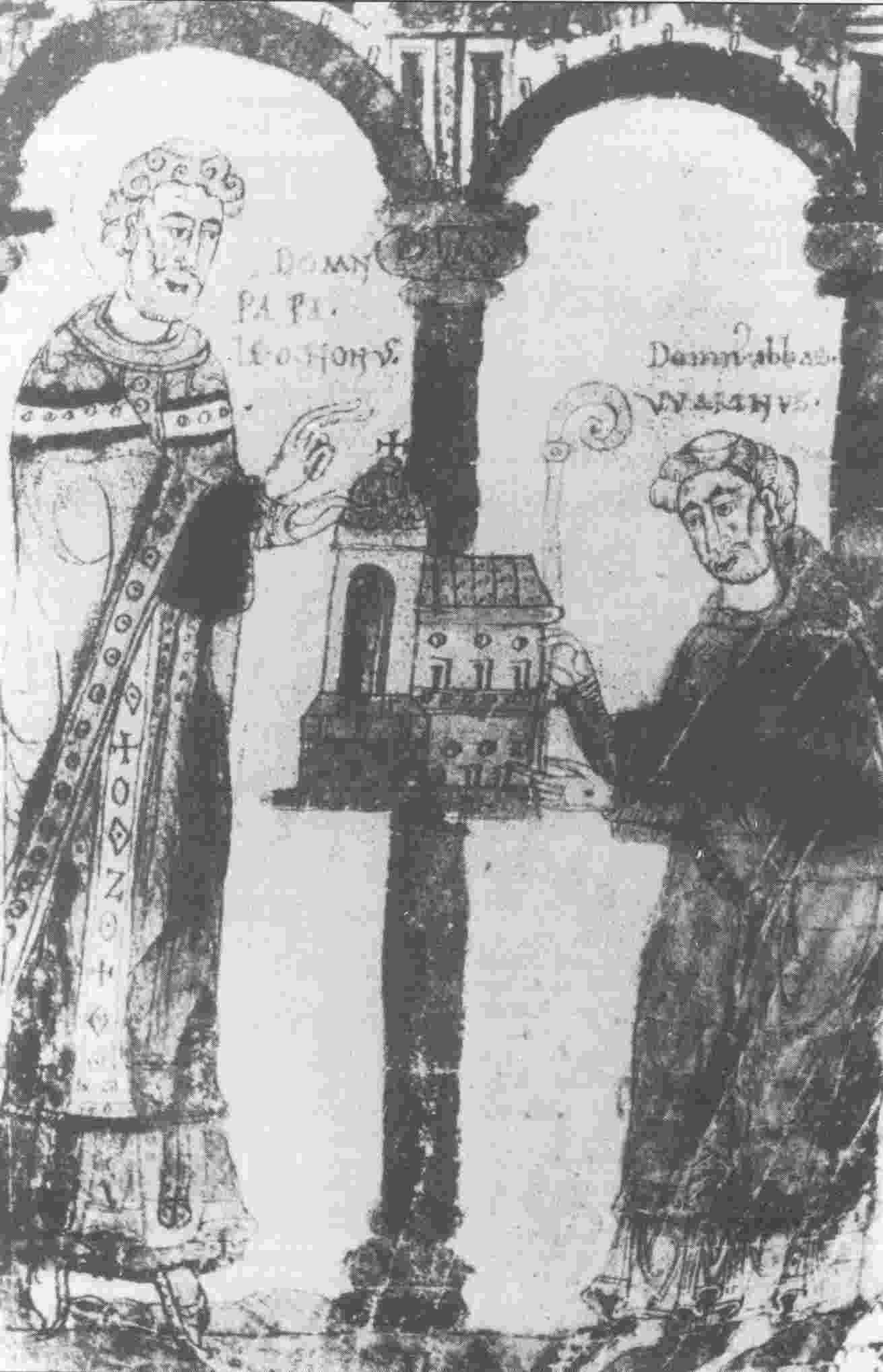 Le pape Léon IX consacrant une église (miniature du XIIème siècle).