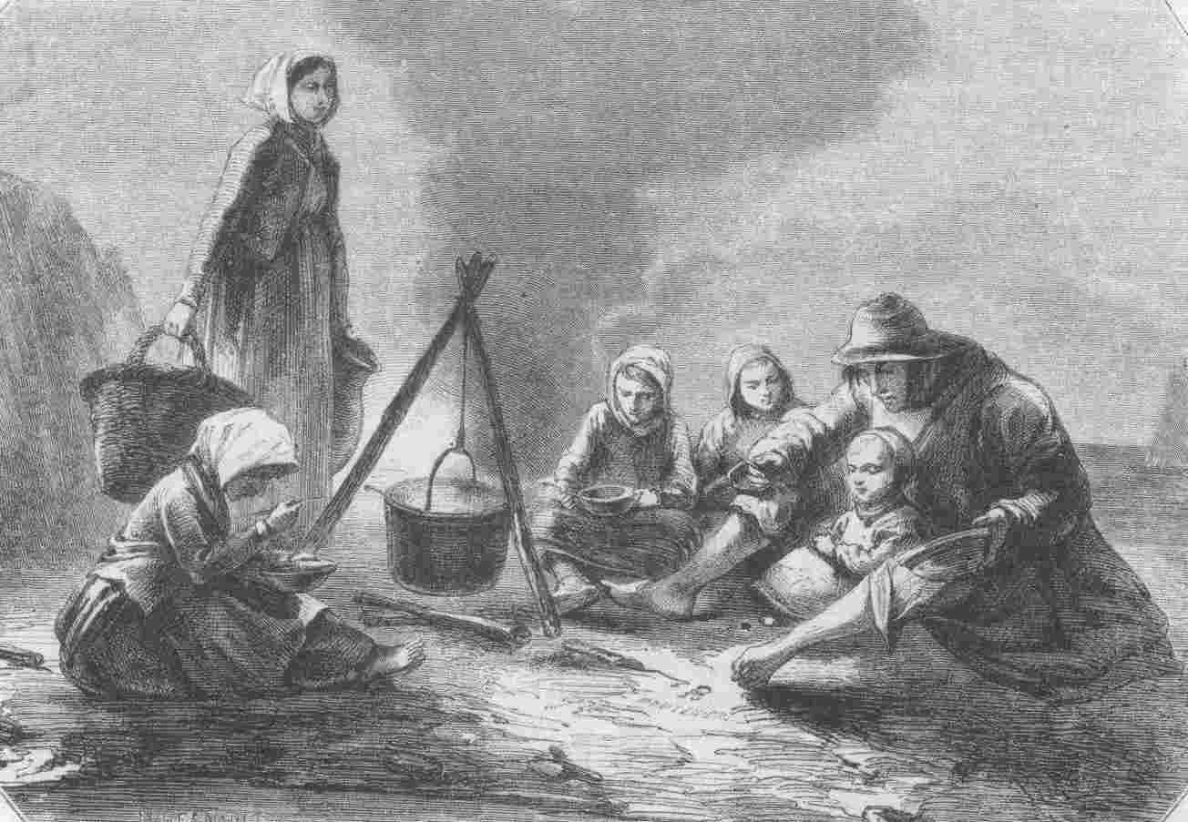 Une famille de pêcheurs, dessin de J. L’Hernault paru dans Le Magasin pittoresque (1857).