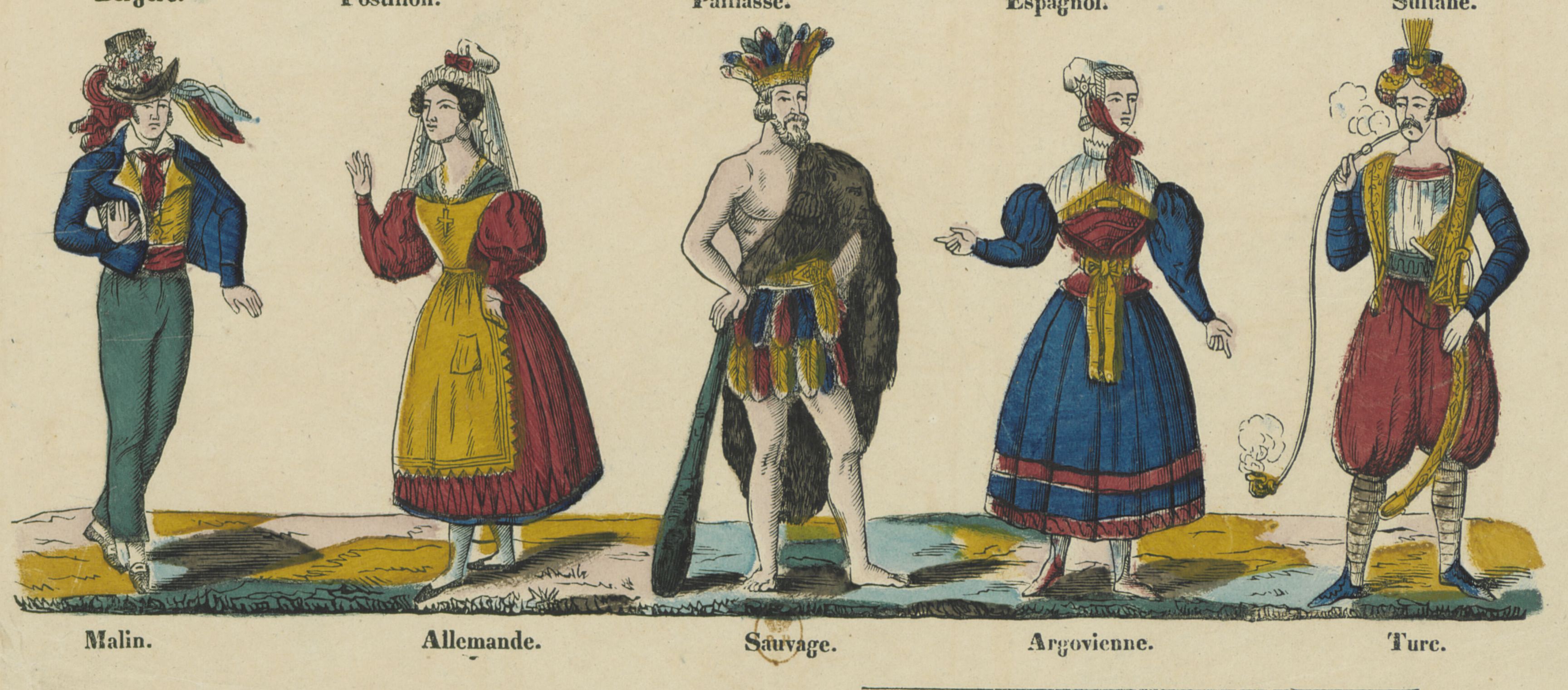 Cinq costumes du Carnaval de Paris imprimés à Épinal en 1841