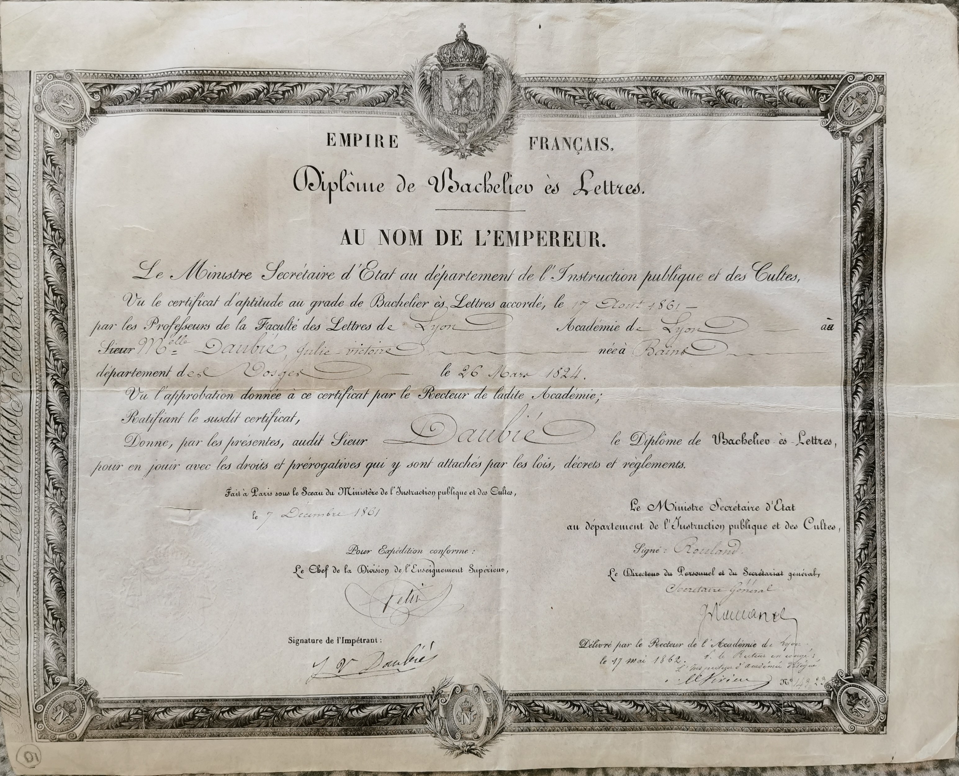 Diplôme de baccalauréat de Julie-Victoire Daubié