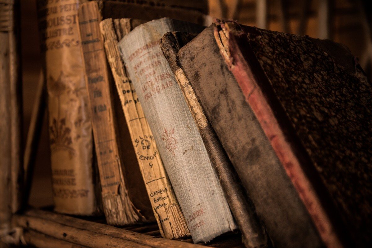 Livres anciens rangés sur une étagère