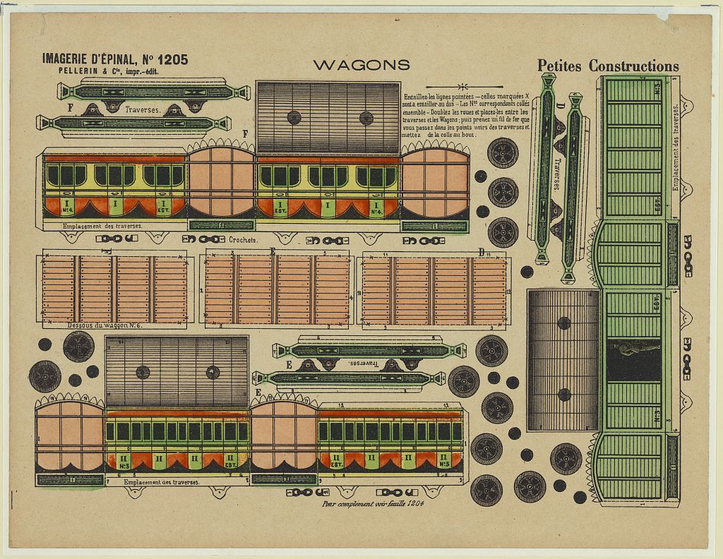 Planche de petits wagons à découper de l’Imagerie d’Épinal